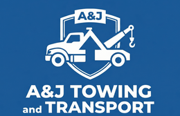 A&J Towing and Transport logo with blue tow trucks and white text on a blue background