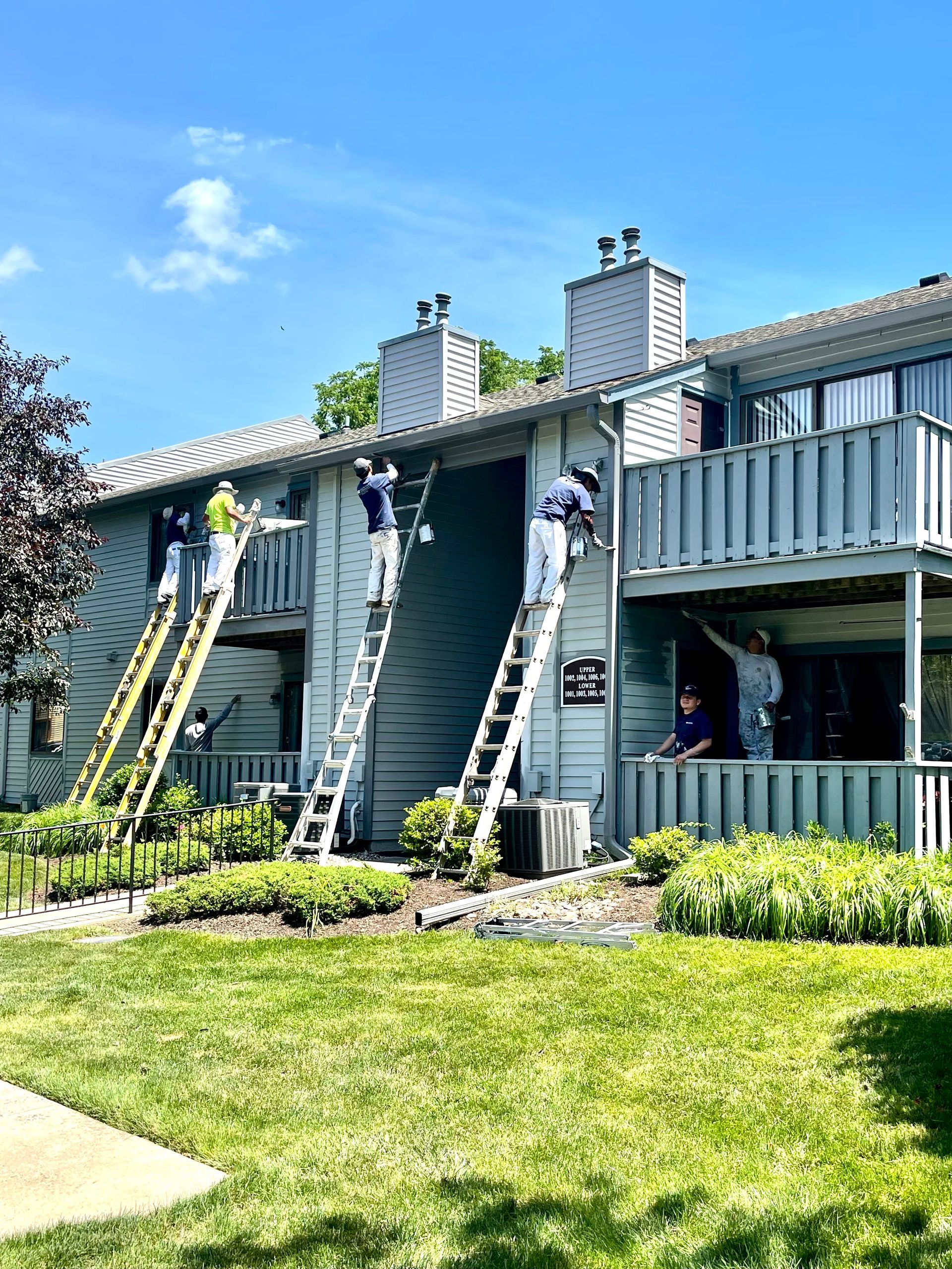 A group of people are painting a building with ladders.
