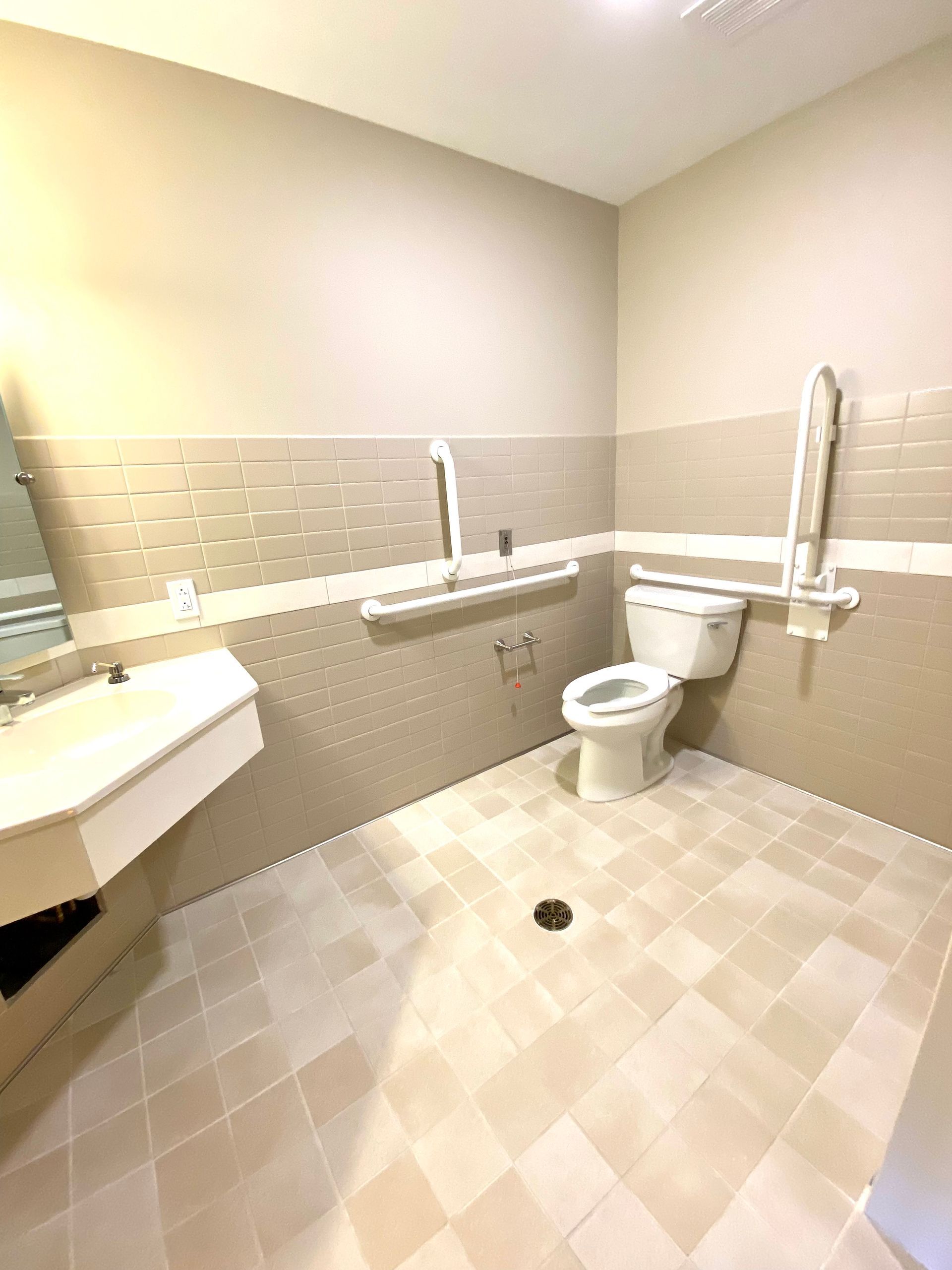 A bathroom with a toilet , sink and mirror.