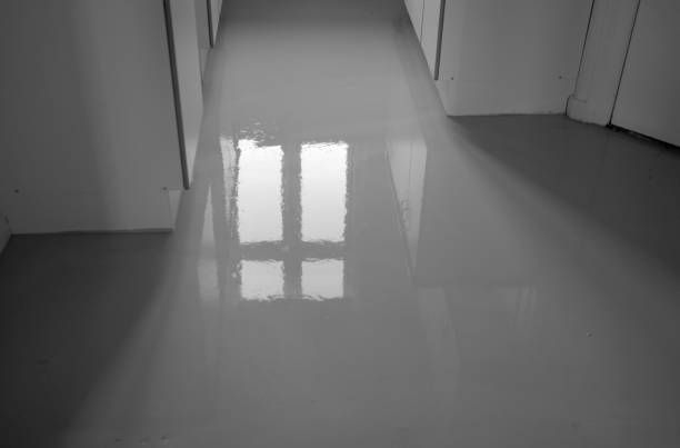 Reflective epoxy concrete floor in white hallway showing window reflection