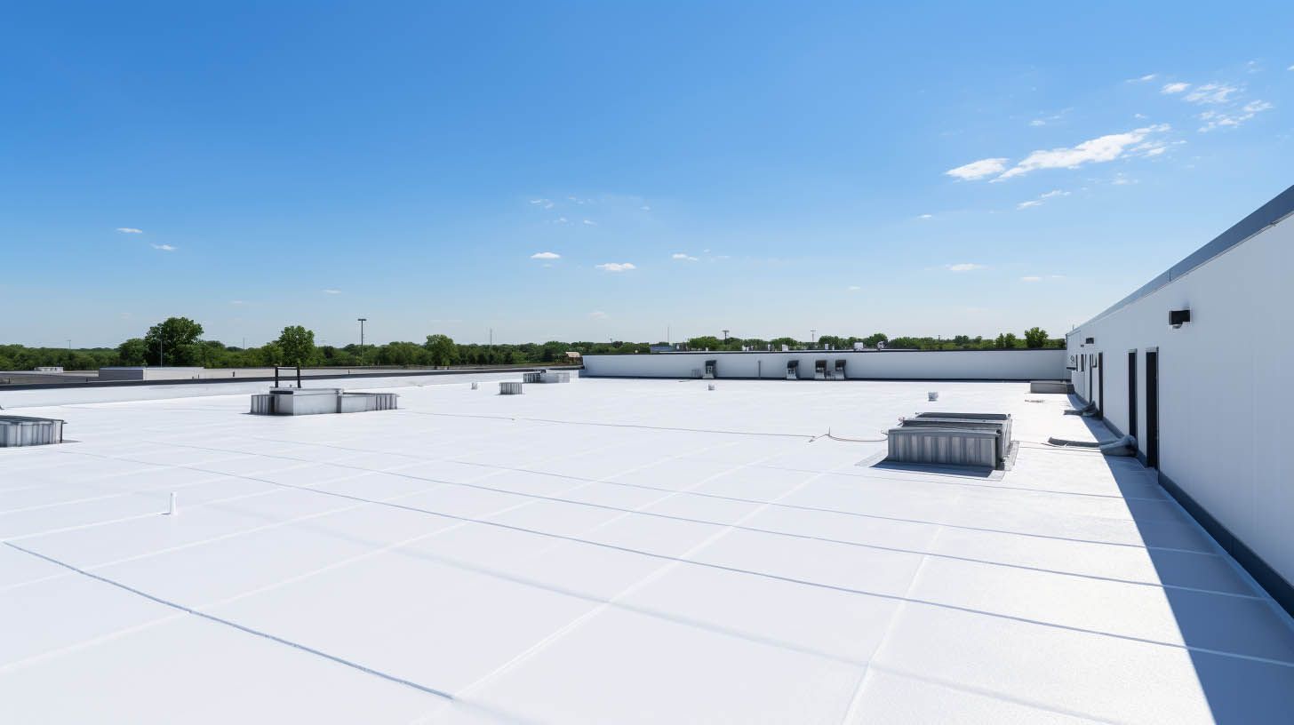 Commercial building with completed white reflective roof coating showing energy-efficient acrylic coating system.