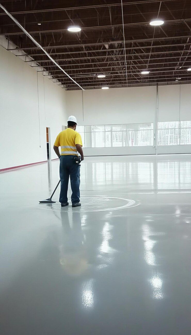 Professional contractor applying epoxy floor coating in commercial space with specialized equipment