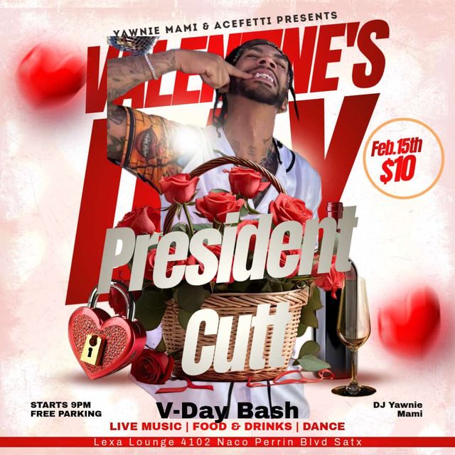 V-Day Bash flyer - February 15, 2026, Lexa Lounge, San Antonio, TX