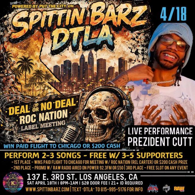 Spittin' Barz DTLA flyer - April 18, 2026, Kyros, Los Angeles, CA