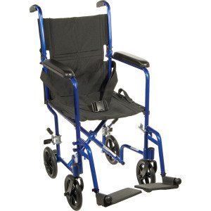 Blue foldable transport wheelchair with black seat and footrests on a white background