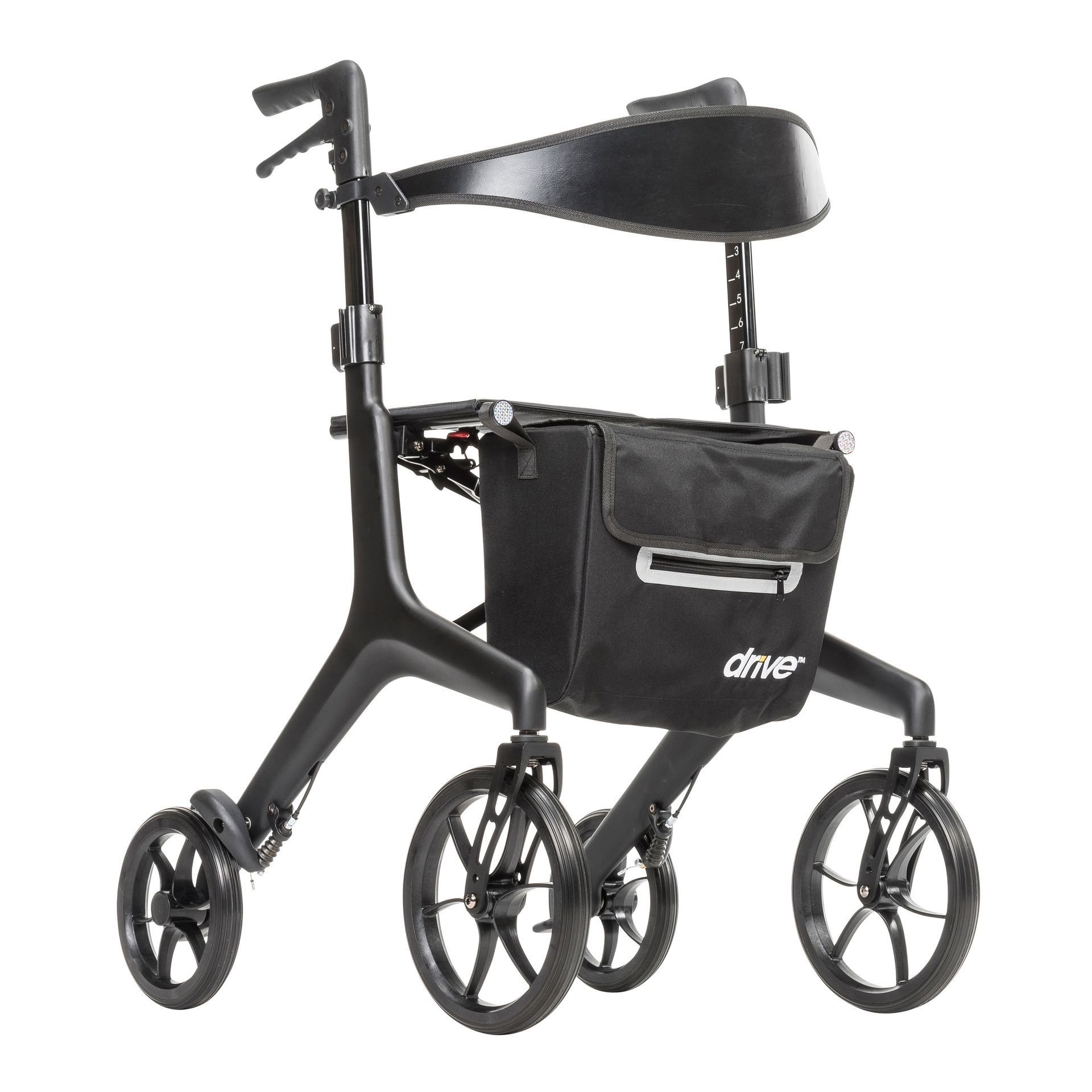 Black four-wheeled rollator walker with seat and storage bag on a white background