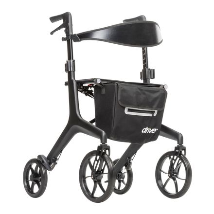 Black four-wheeled rollator walker with seat and storage bag on a white background