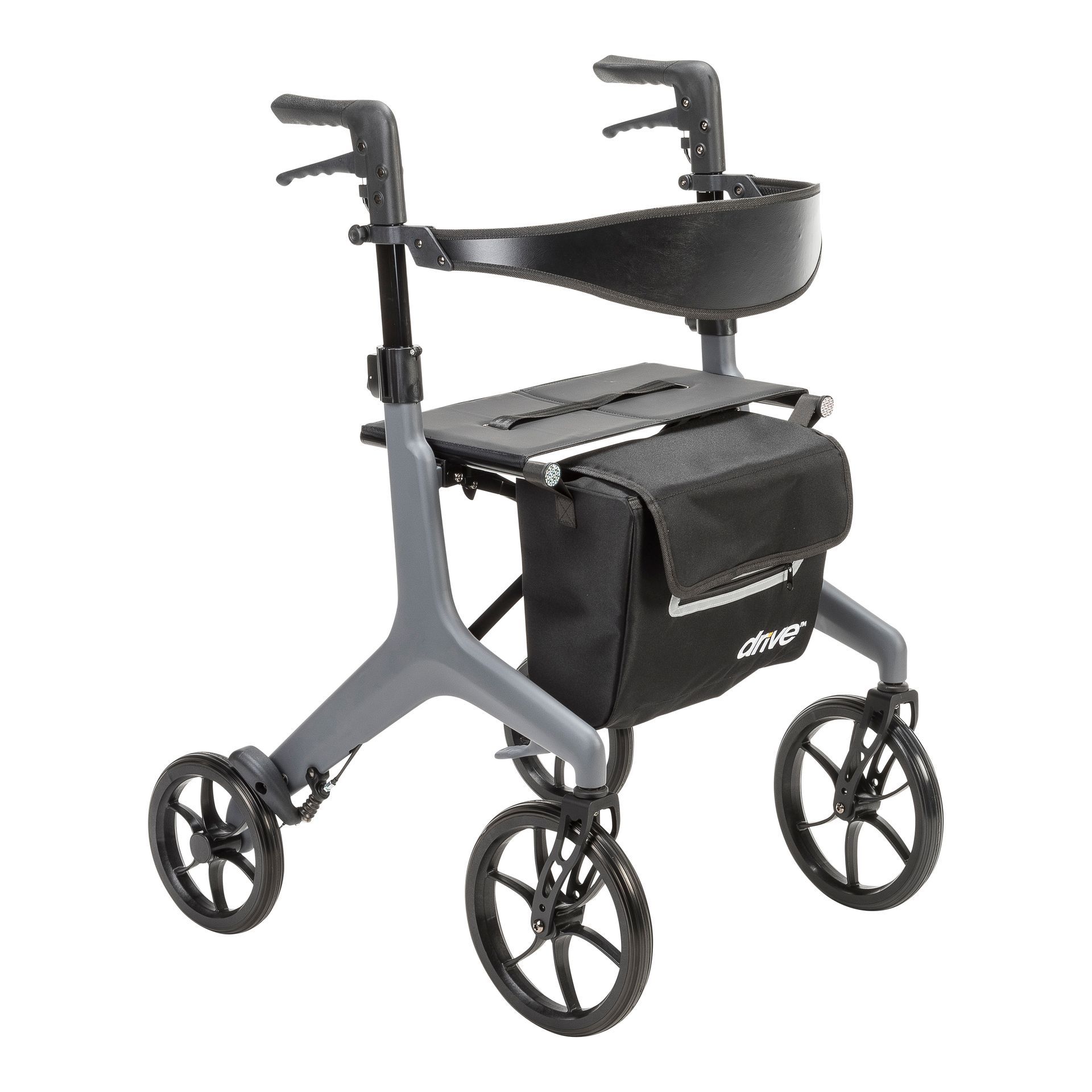 Black rollator walker with four wheels, seat, armrests, and storage pouch on a white background