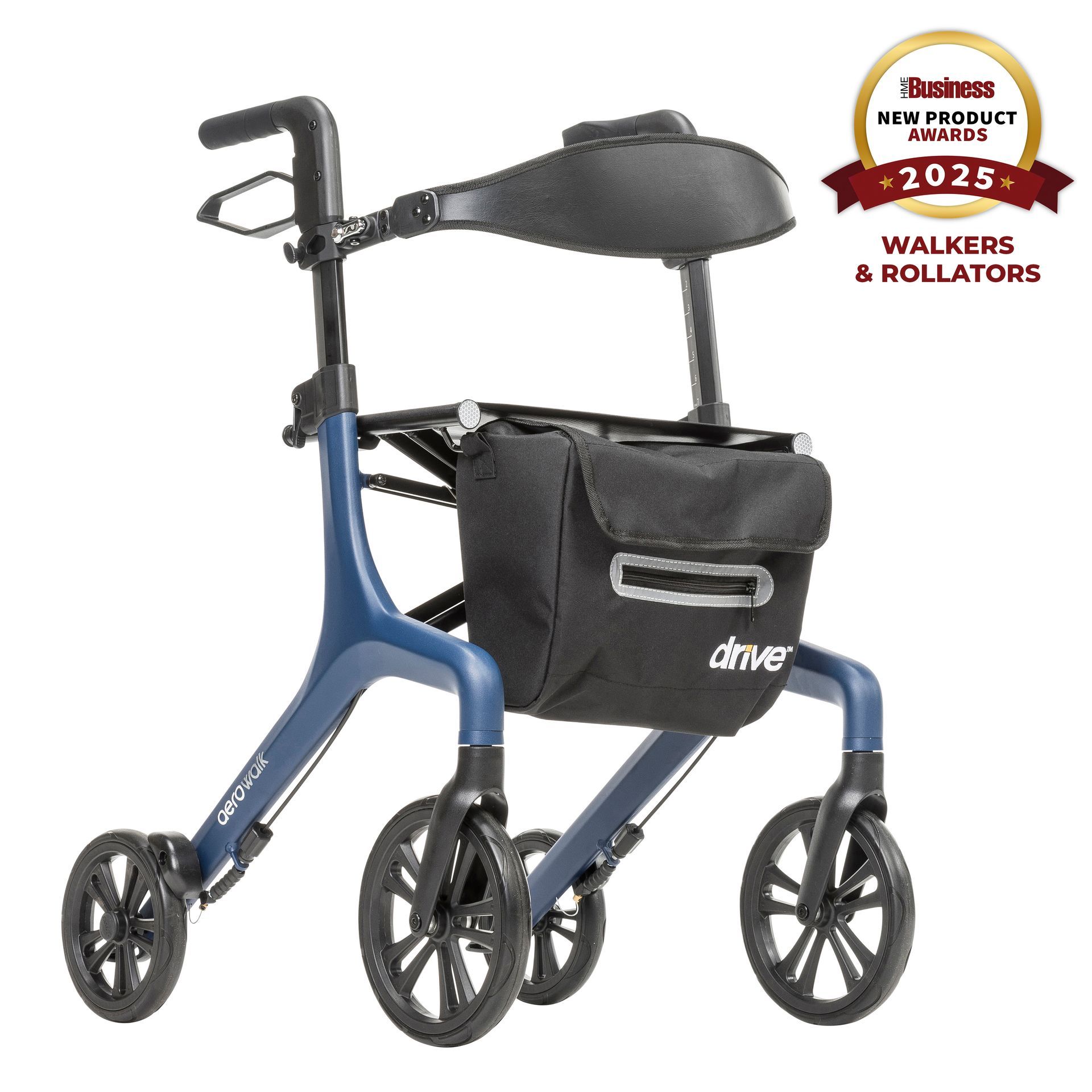 Blue four-wheeled walker with seat, backrest, and storage pouch on a white background
