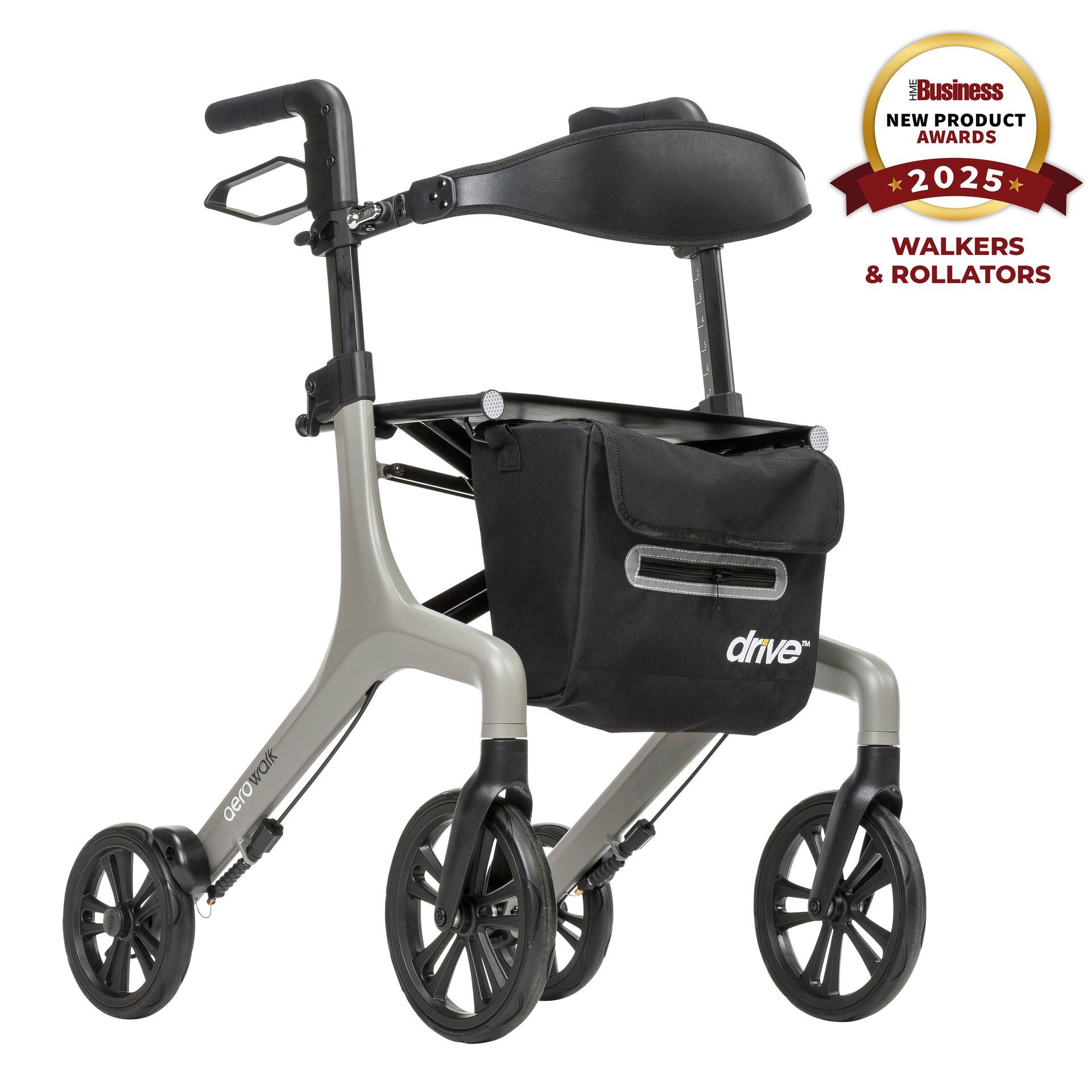 Black and silver walker with seat, backrest, storage pouch, and wheels on a white background