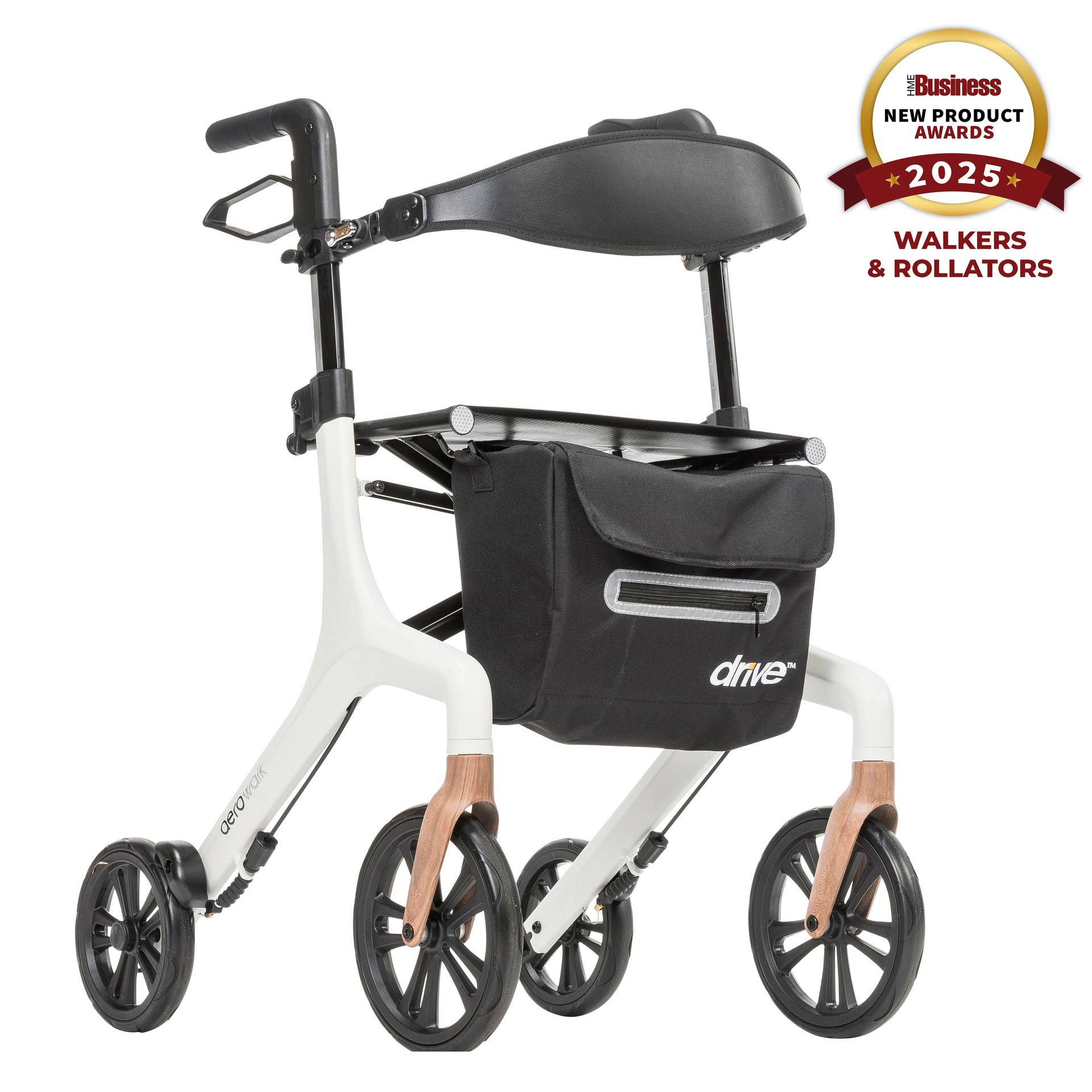 Black and white walker stroller with four wheels, seat, and storage bag on a white background