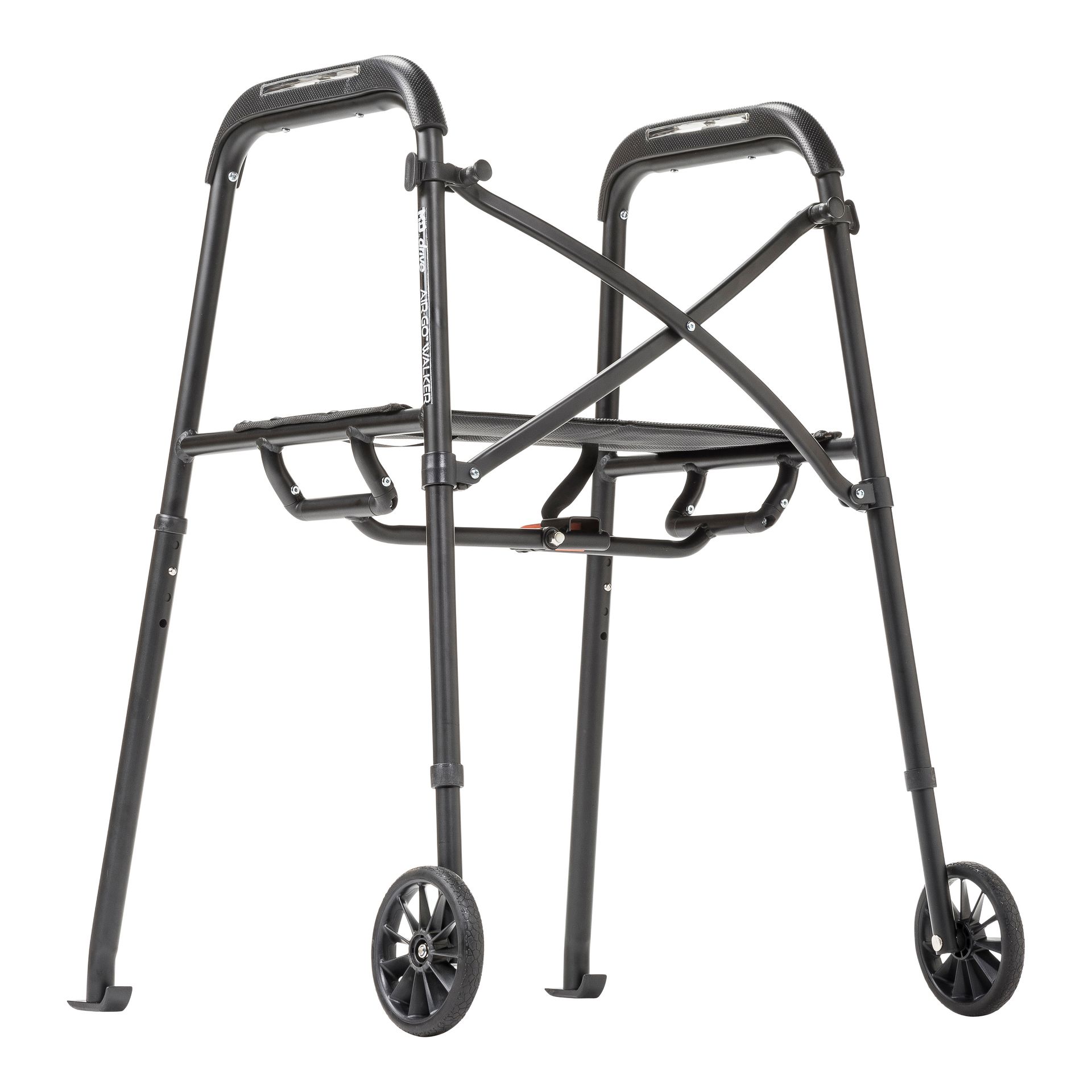 Gray foldable walker with four legs, front wheels, and padded hand grips