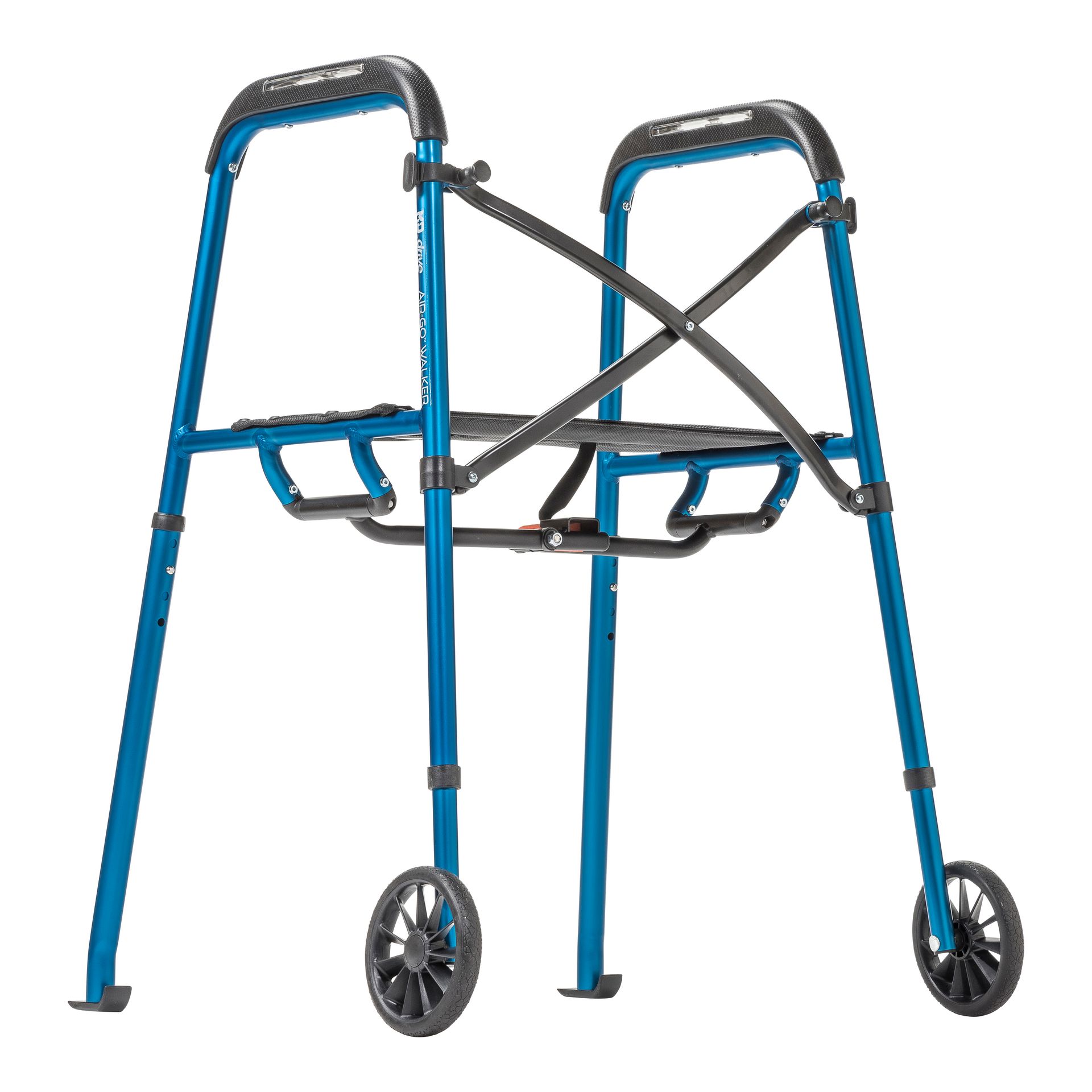 Blue and gray walker with wheels and seat support frame