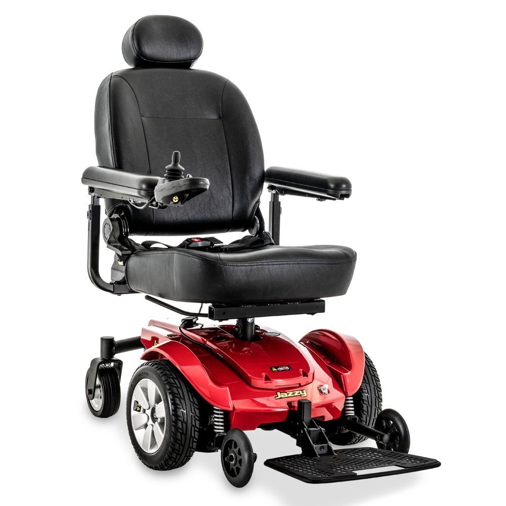 Red electric mobility scooter with black seat and armrests on a white background