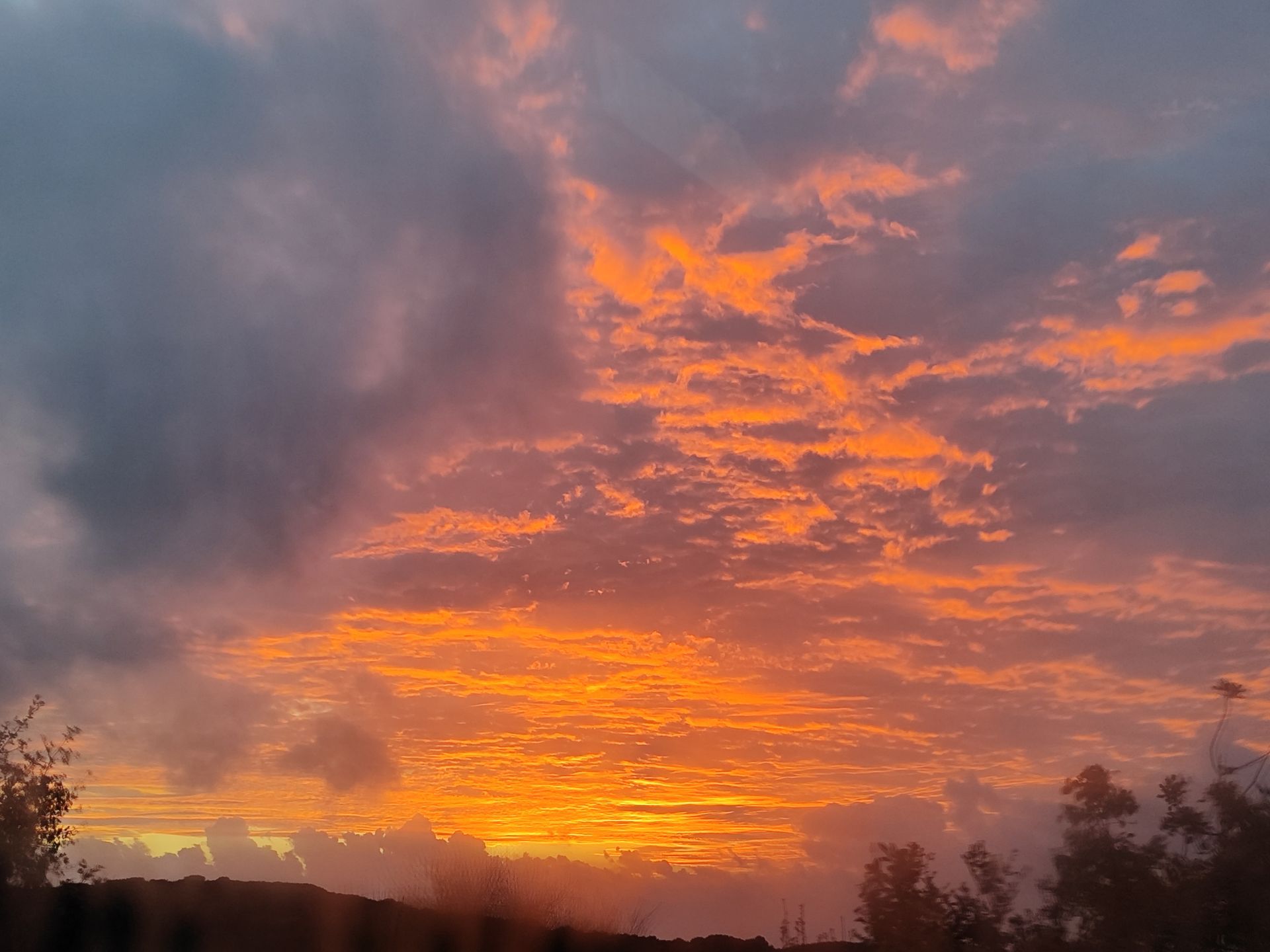 Vibrant orange sunset with pink clouds over a dark silhouetted landscape
