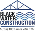 Black Water Construction logo with blue bridge and waves; &ldquo;Serving Clay County Since 1977&rdquo;