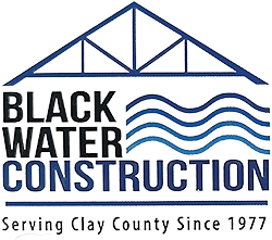 Black Water Construction logo with blue bridge and waves; &ldquo;Serving Clay County Since 1977&rdquo;