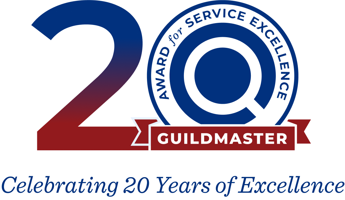 Guildmaster 20th Anniversary Award logo. Blue, red, and white design celebrating 20 years of service excellence.