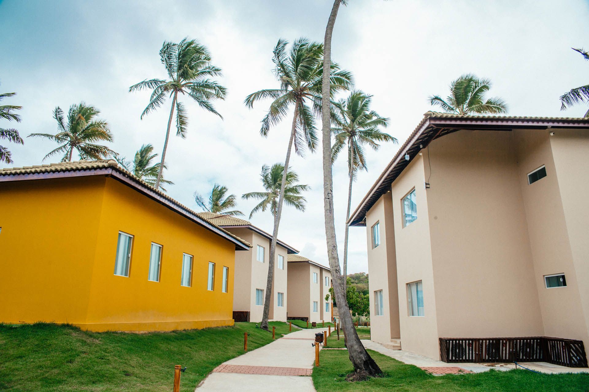Casinhas coloridas com palmeiras e calçada em uma área residencial tropical.