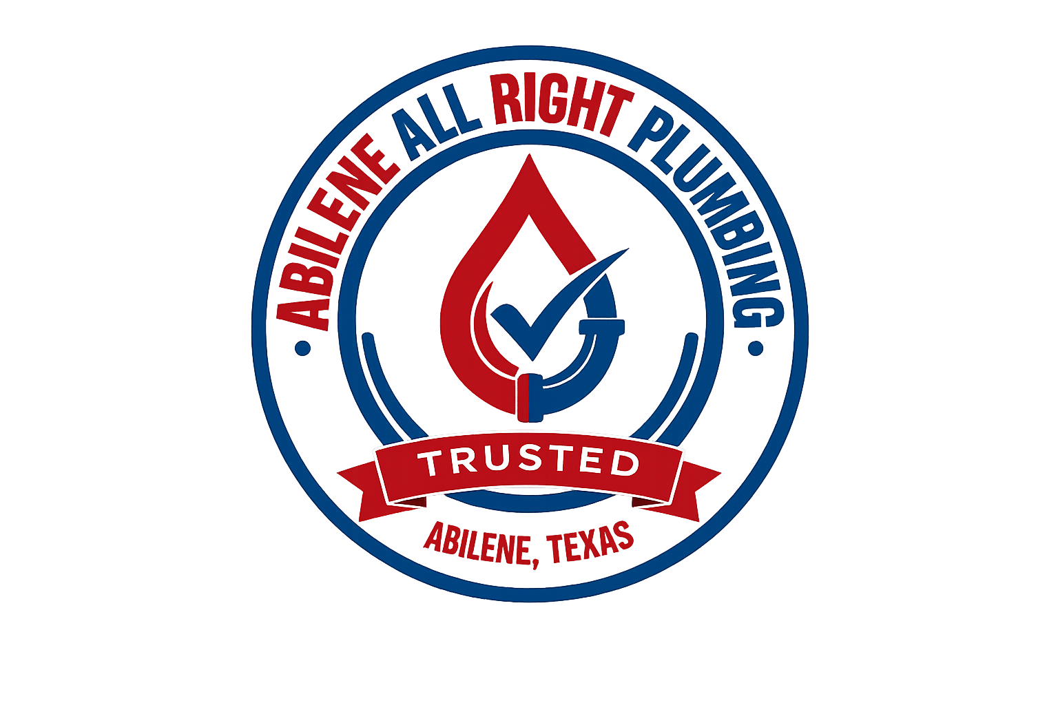 Abilene All Right Plumbing circular logo in red and blue with wrench and checkmark, &ldquo;Trusted&rdquo; ribbon and Abilene, Texas.