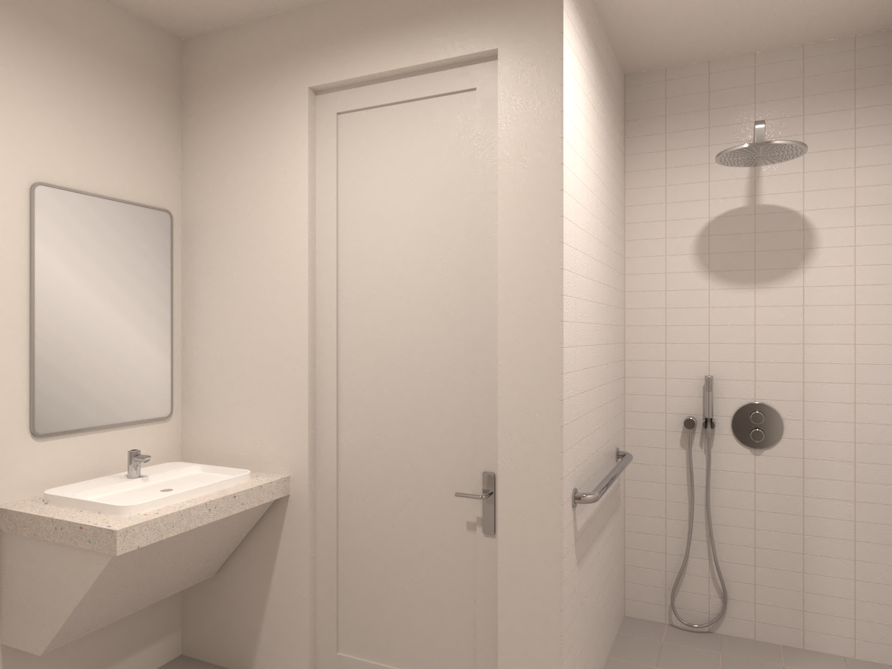 A bathroom with a sink , mirror and shower.
