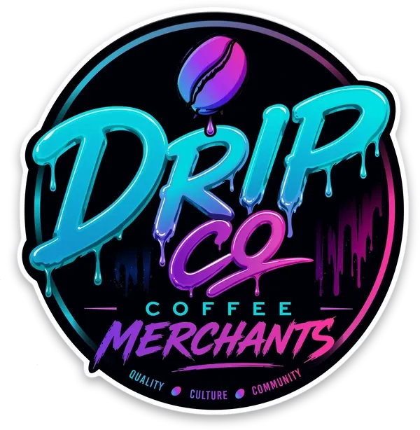 Drip Co Coffee Merchants logo in neon blue and purple with coffee leaf icon on black background