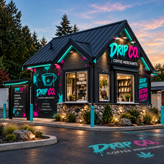 Neon-lit Drip Co. coffee shop exterior at dusk with glowing signs and warm interior lights