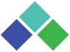 Three overlapping diamond shapes in blue, teal, and green on a white background