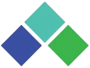 Three overlapping diamond shapes in blue, teal, and green on a white background