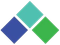 Three overlapping diamond shapes in blue, teal, and green on a white background