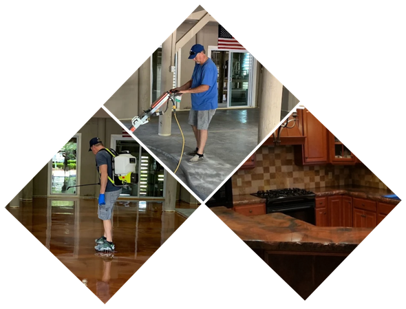 Collage of a worker cleaning indoor floors and a fireplace area with a mop and floor machine