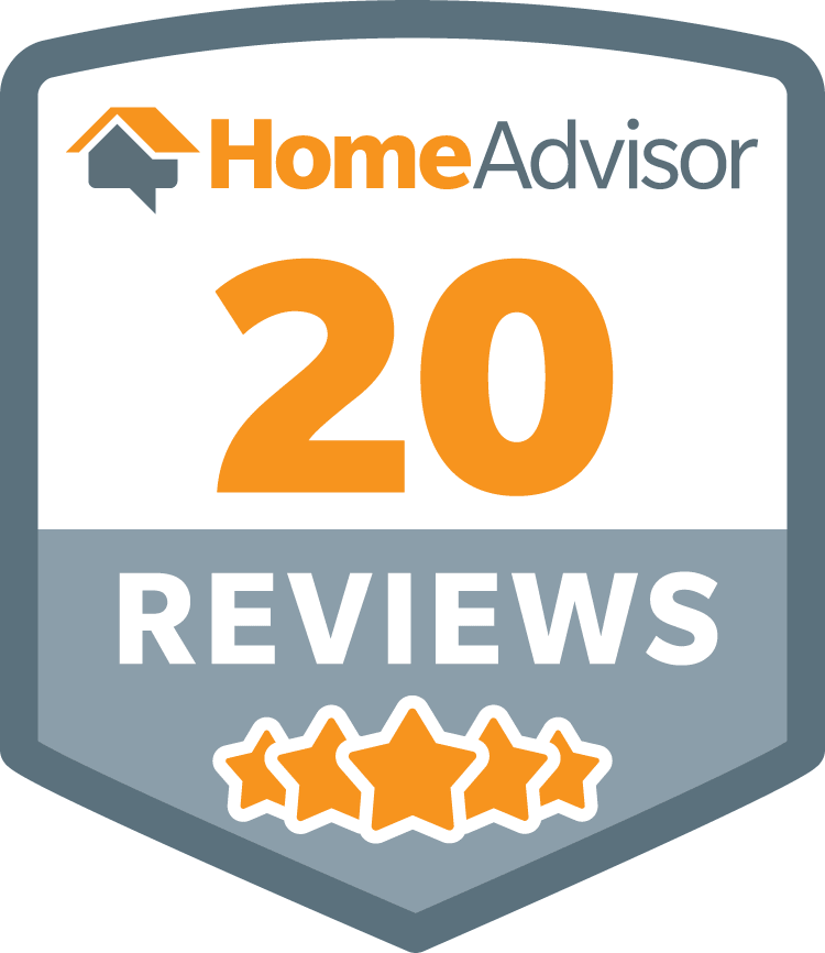 HomeAdvisor badge with 20 reviews and four orange stars on a gray shield.