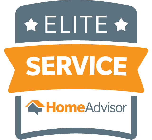 HomeAdvisor Elite Service badge in gray, orange, and white with stars and logo