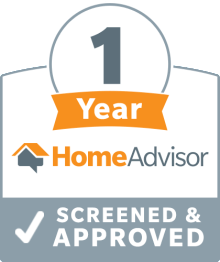 HomeAdvisor 1 Year screened and approved badge with orange, gray and white design