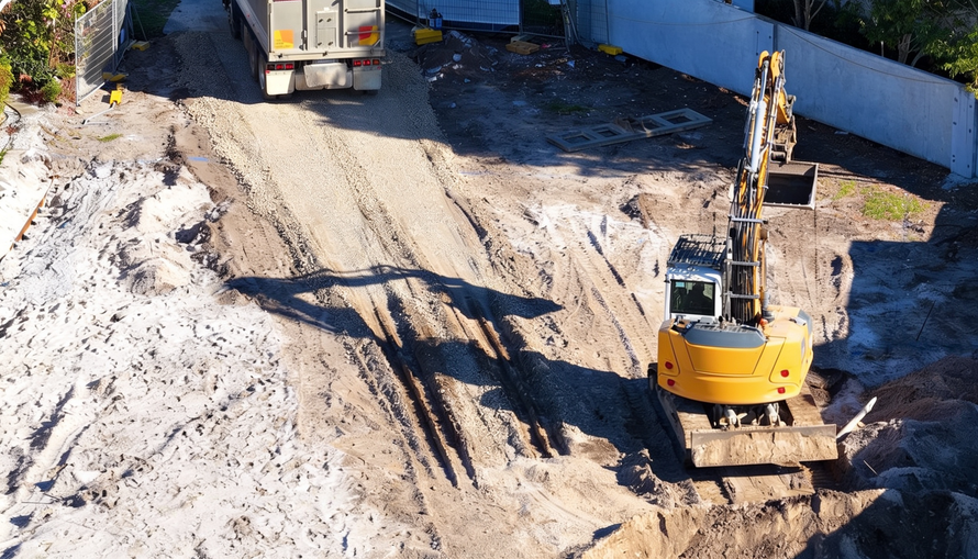 Excavator digging soil beside a truck at a construction site