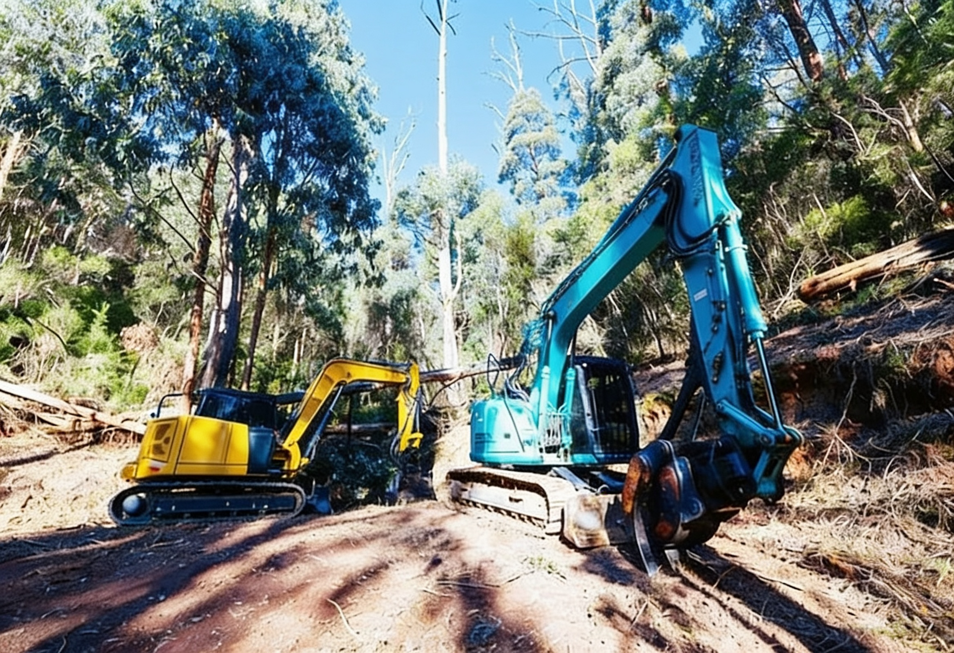 Two excavators on a dirt road in a wooded area, with two workers standing beside the blue one.