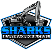 Sharks Earthworks & Civil logo with excavator over black shield in blue and gray