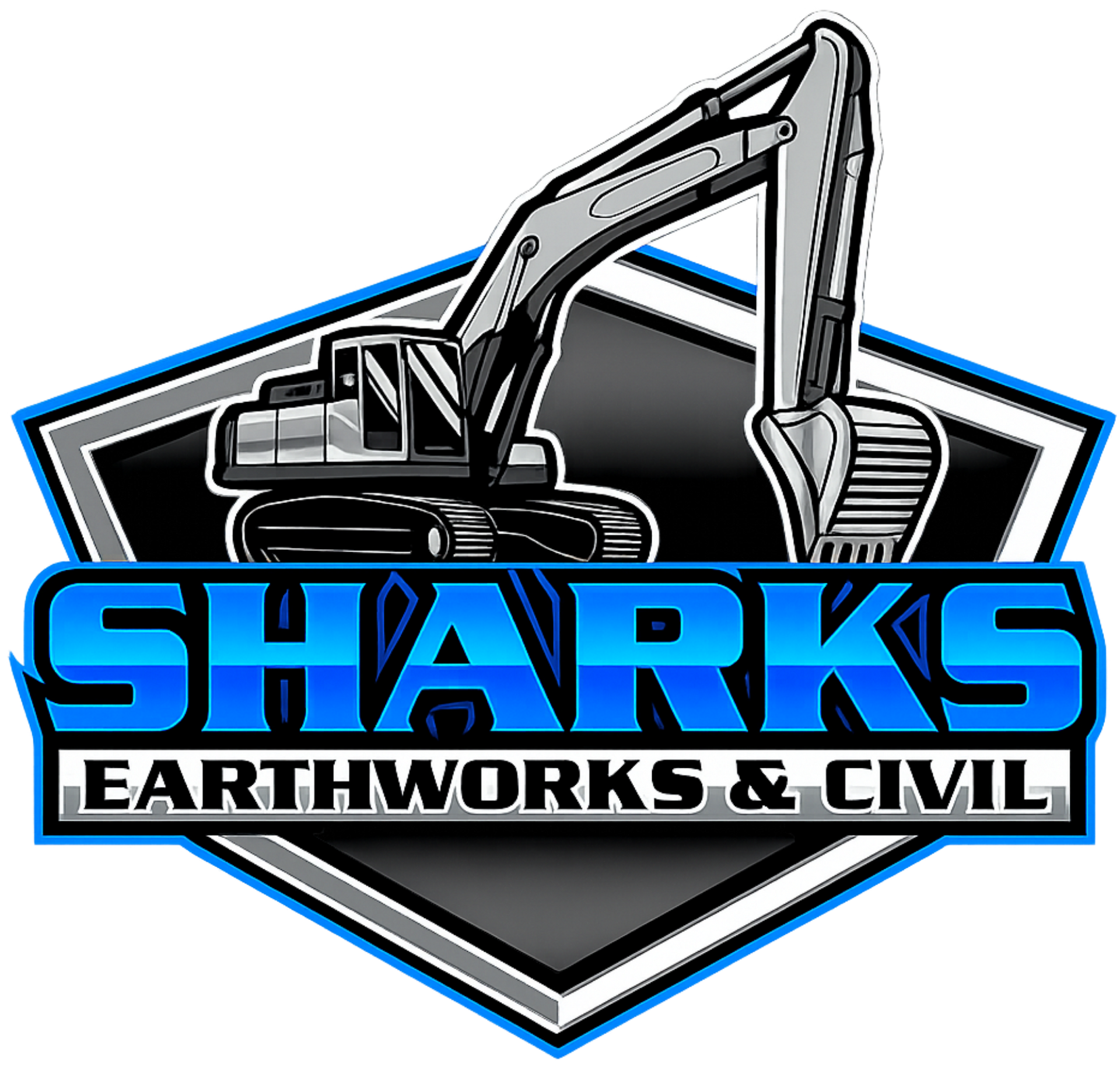SHARKS Earthworks & Civil logo with excavator over black and blue shield-style background