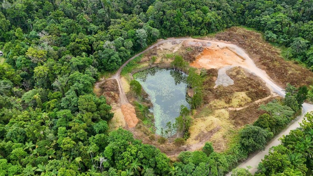 Aerial view of a small pond and orange earth clearing surrounded by dense green forest