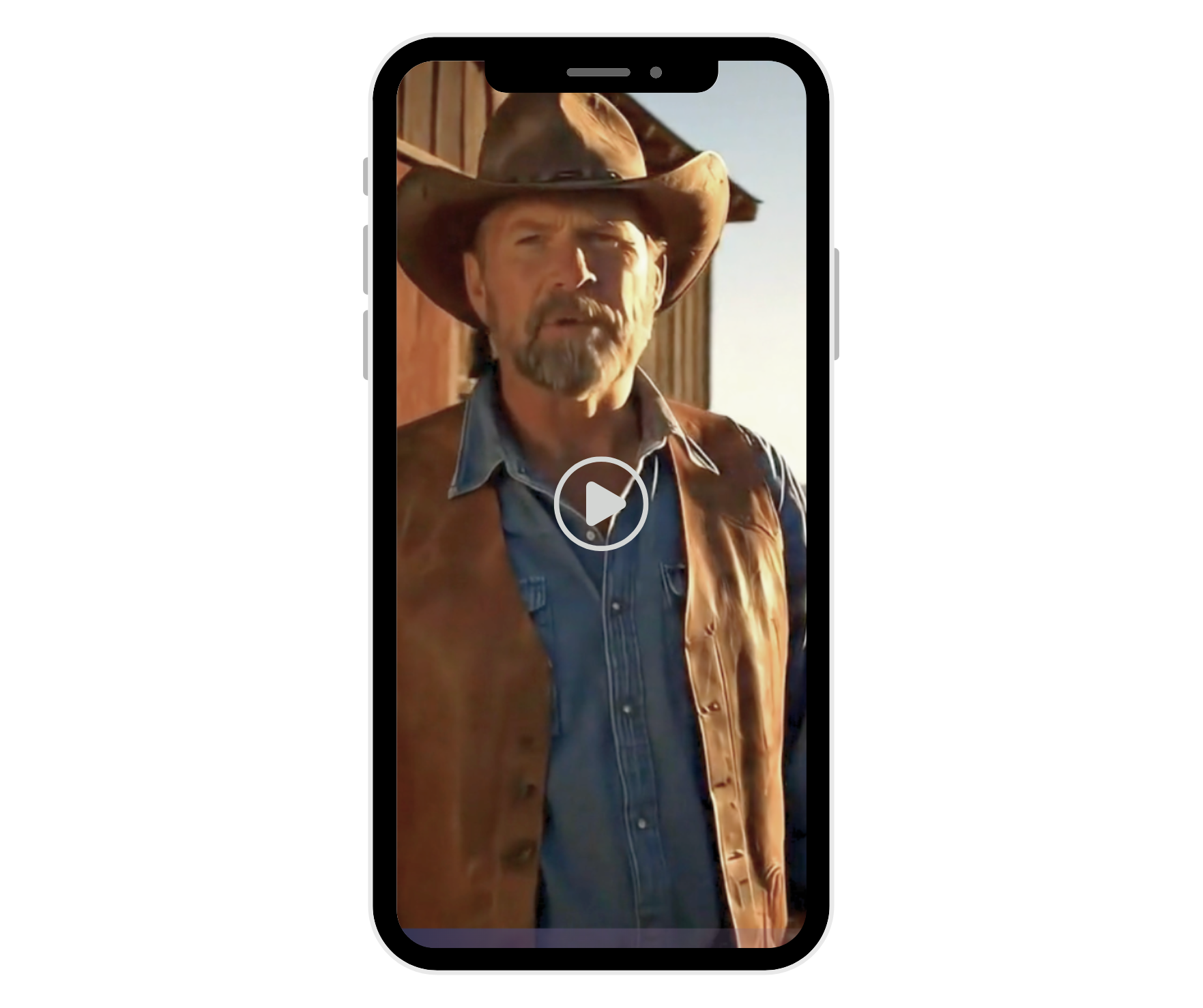 A smartphone screen displays a video of a man wearing a cowboy hat and a leather vest, standing in an outdoor setting.