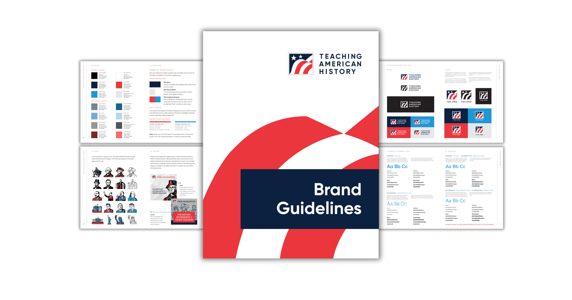 A brand guidelines manual cover for Teaching American History, surrounded by displayed pages showing logo and color palettes.