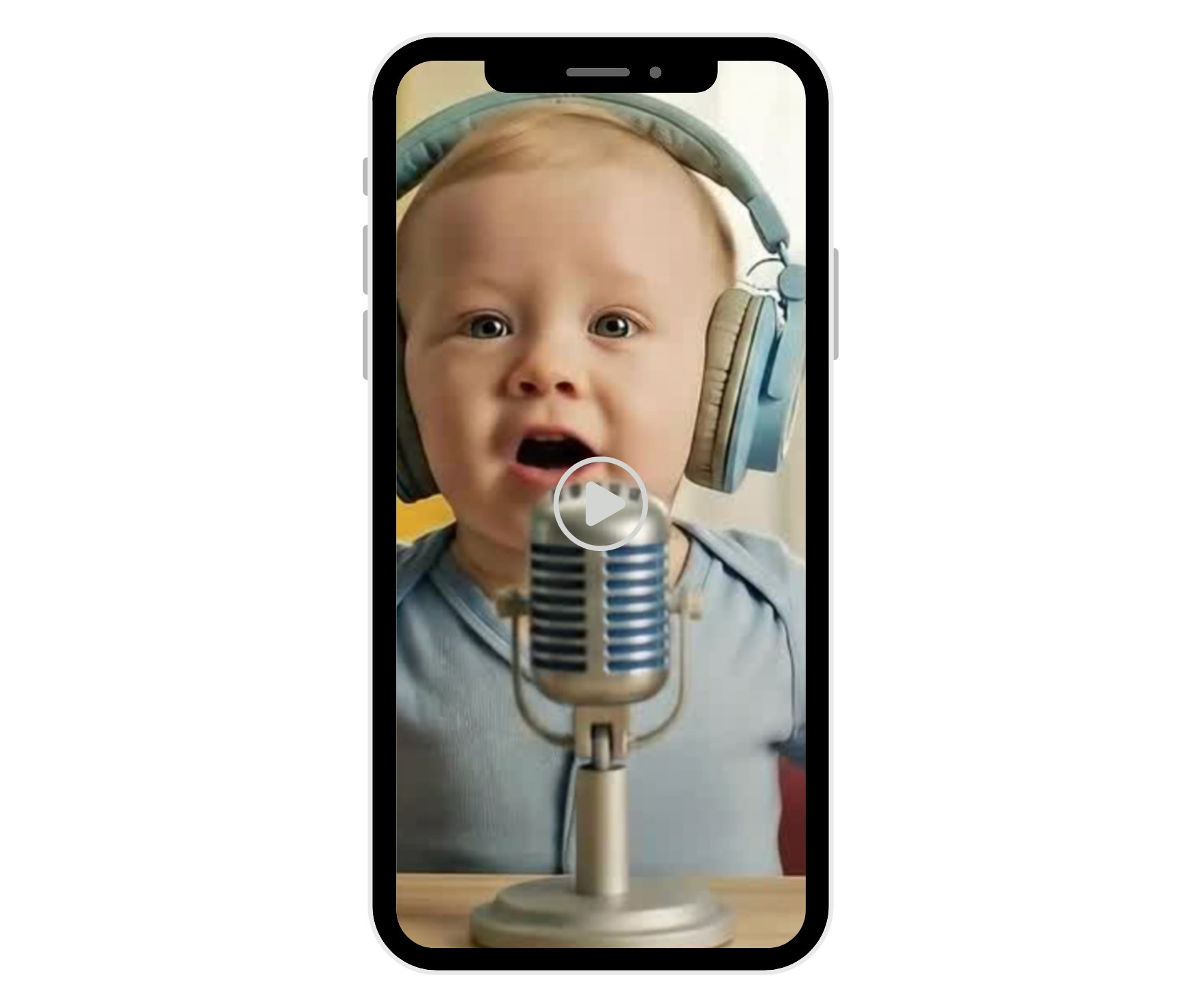 A smartphone screen displays a baby wearing large blue headphones and sitting in front of a vintage silver microphone.
