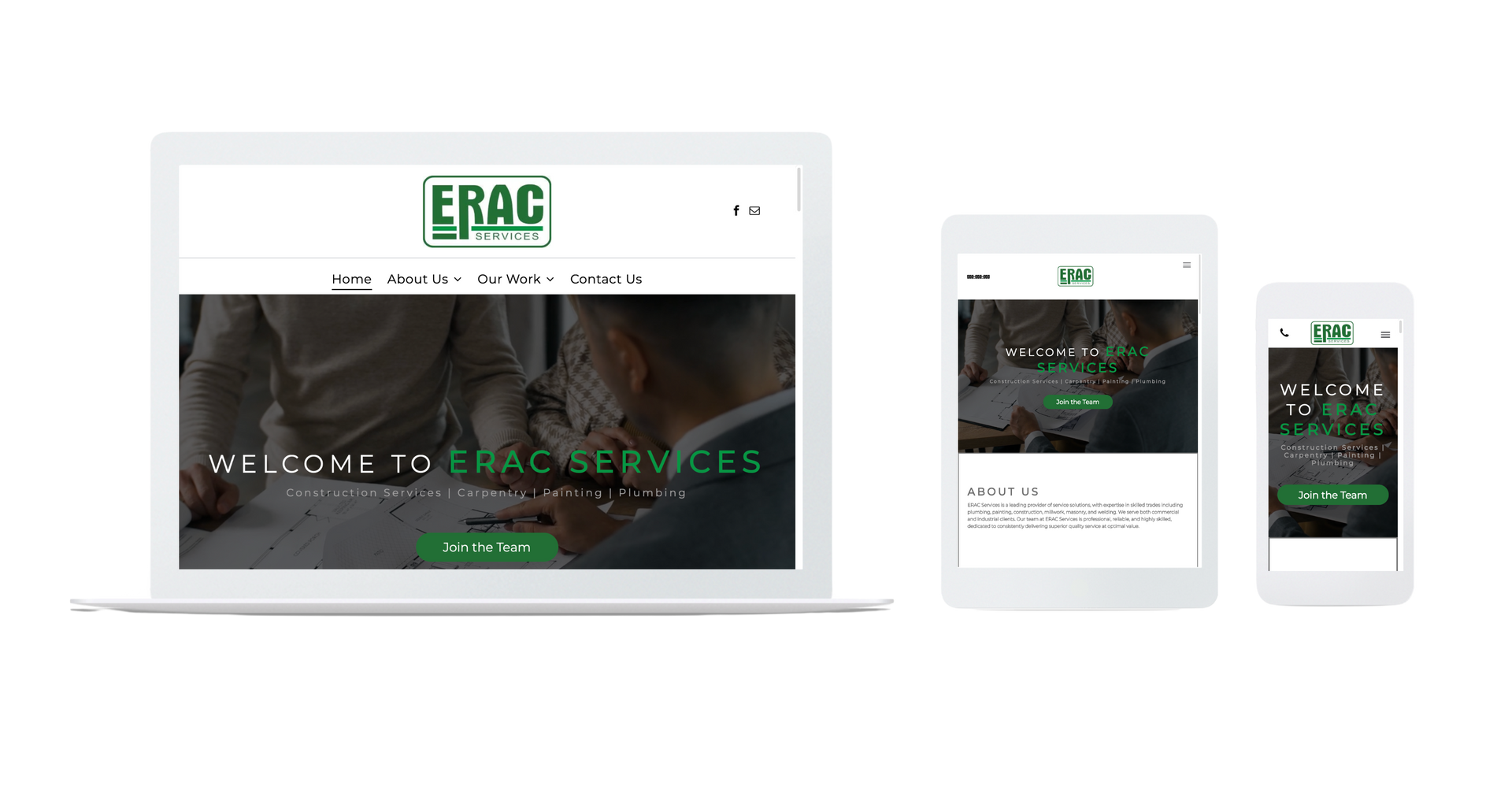 A laptop, tablet, and smartphone displaying a website with the