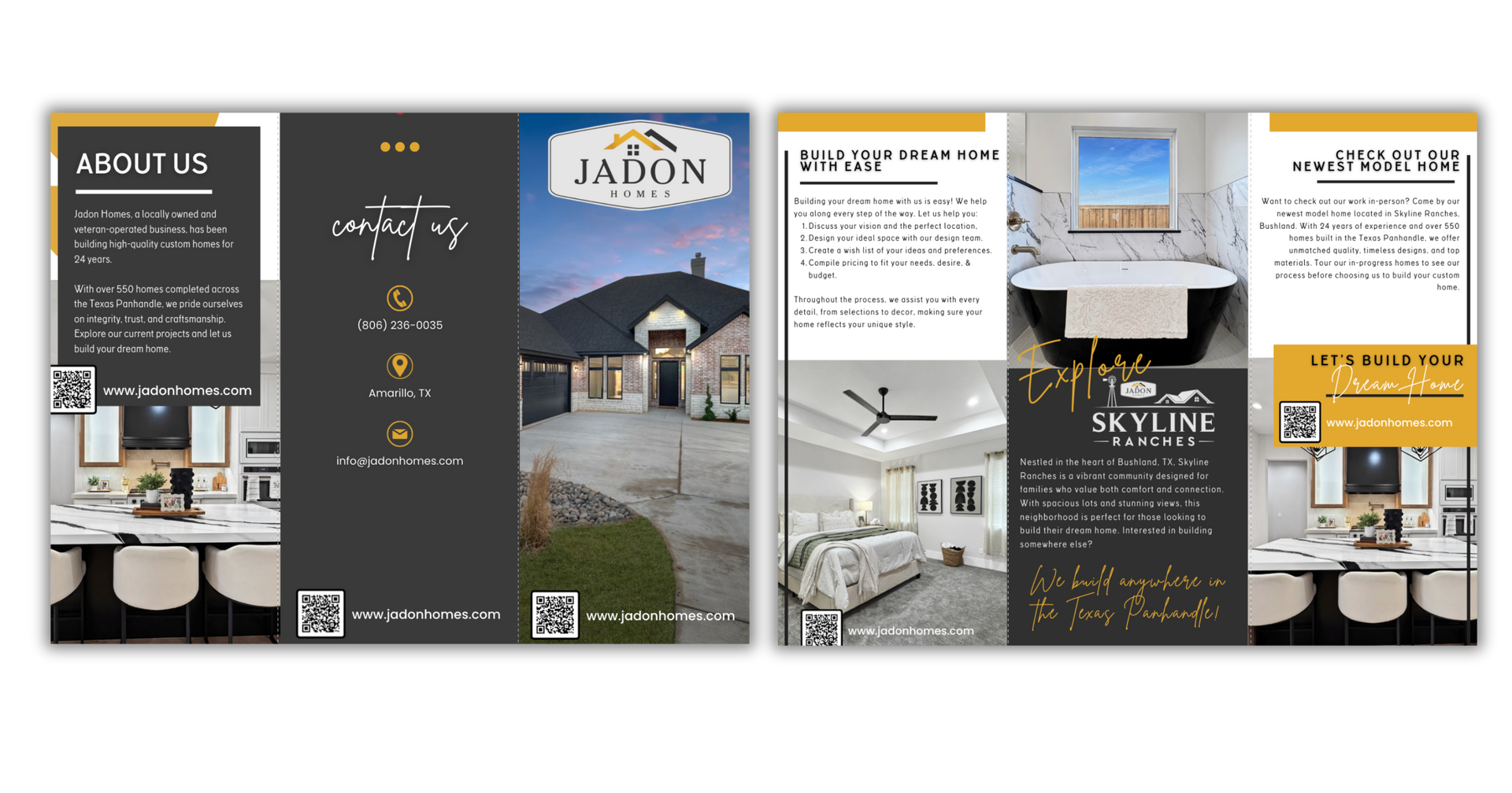 A two-page marketing brochure for Landon Homes featuring property photos, architectural details, and QR codes.