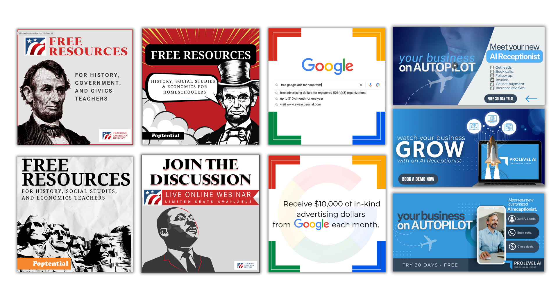 A collage of eight marketing graphics featuring historical figures, Google branding, and business automation themes.