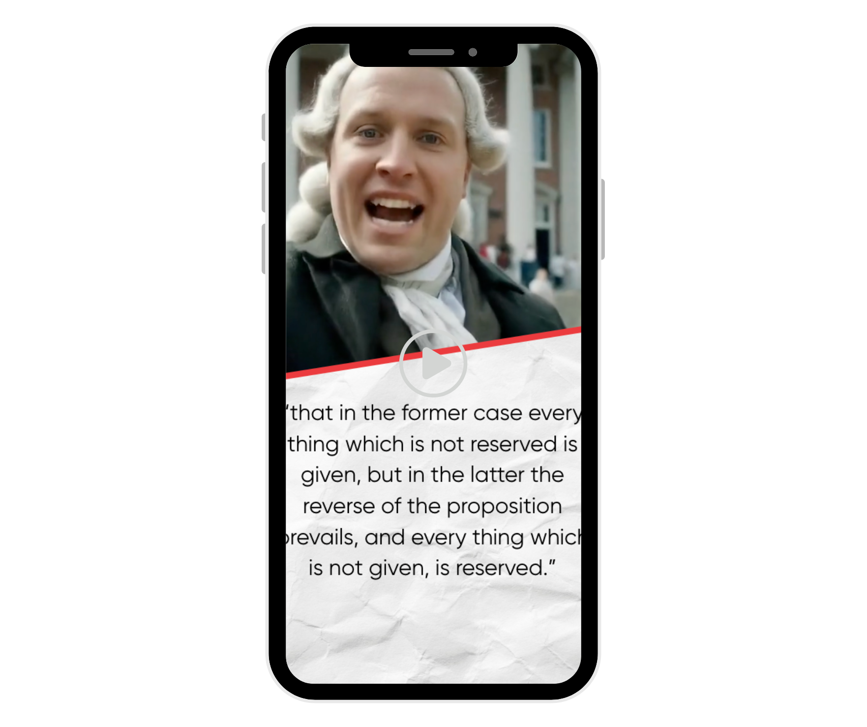 A video on a smartphone screen showing a person in an 18th-century wig and attire discussing historical legal concepts.