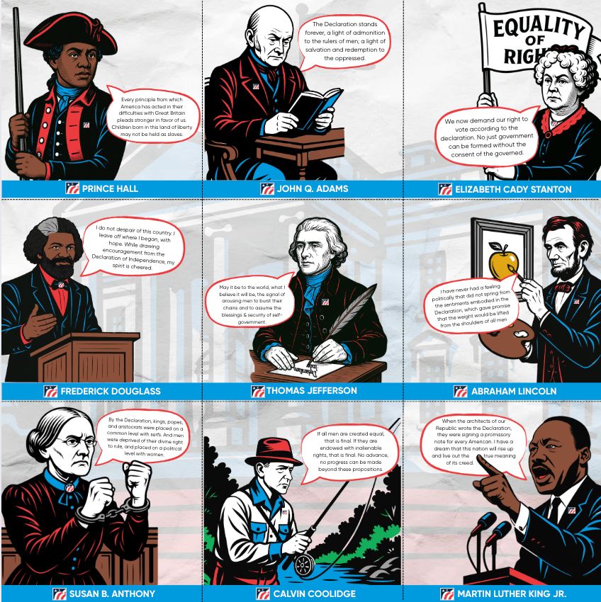 A grid of nine historical figures, each with a speech bubble, illustrating influential American voices and their ideals.