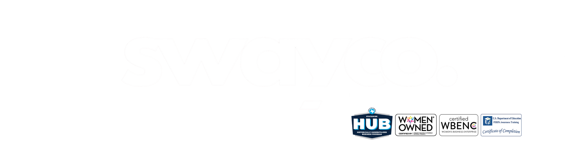 A row of four small logos: HUB, Women-Owned, the AARP logo, and the Veterans Institute for Procurement seal.