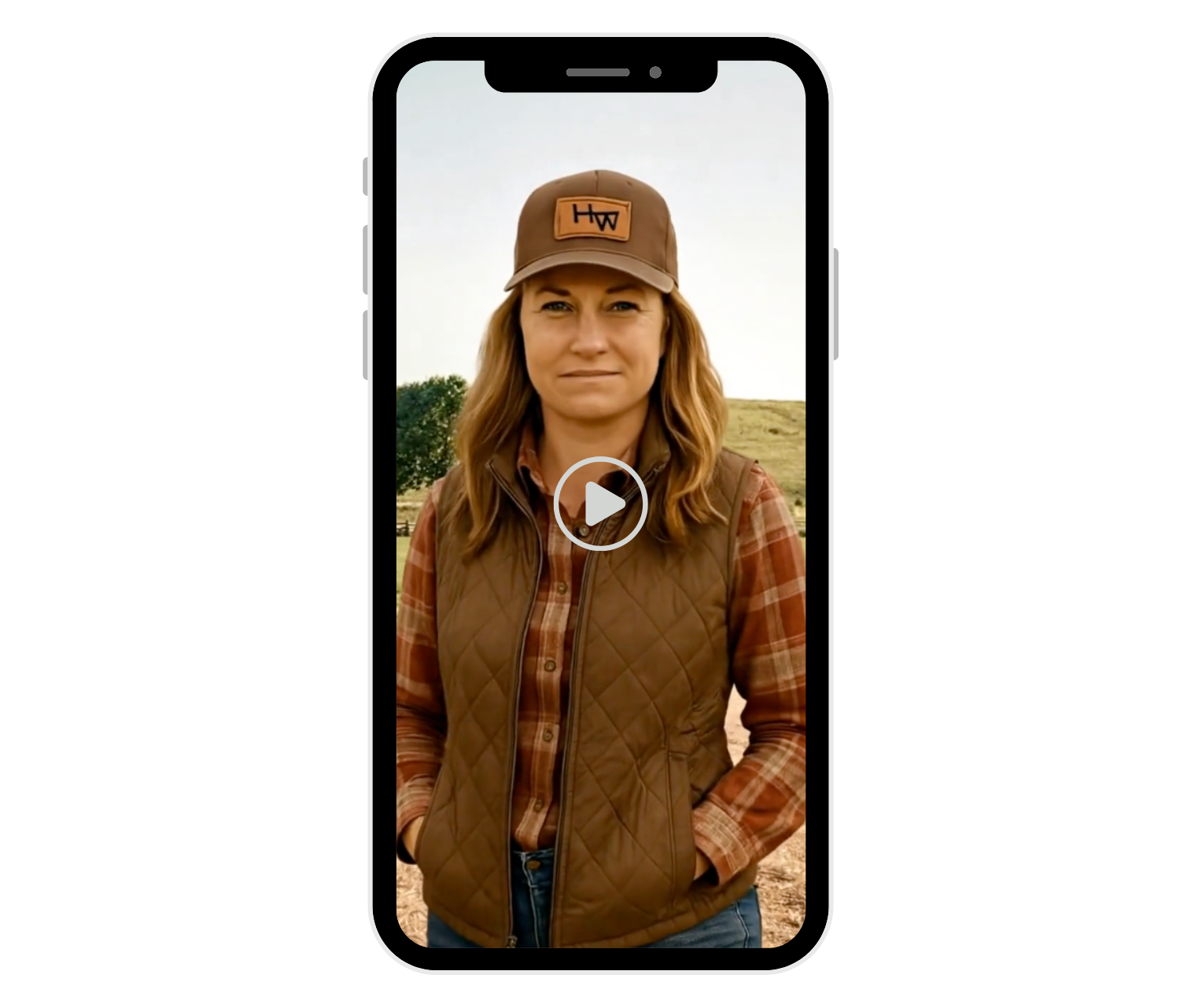 A woman in a brown cap, plaid shirt, and quilted vest poses outdoors on a smartphone screen showing a play icon.