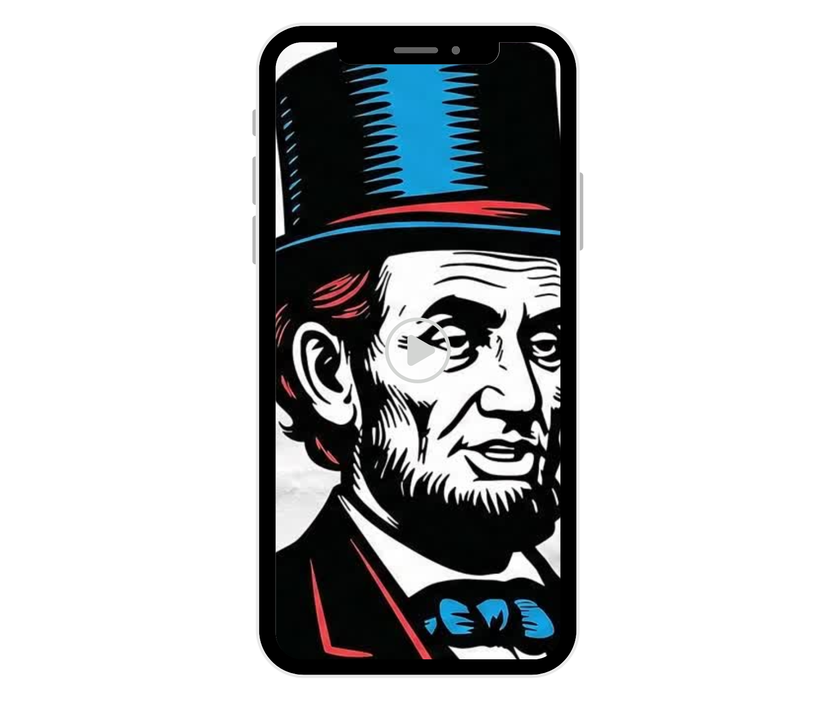 A smartphone screen displaying a stylized, pop-art graphic of Abraham Lincoln wearing a blue top hat and bow tie.
